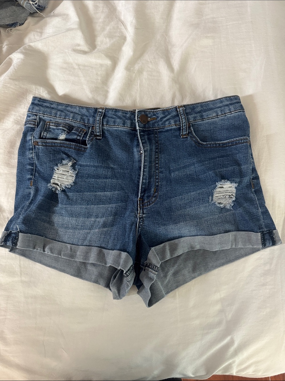 RSQ Dark Blue Distressed Rolled-Hem Jean Shorts